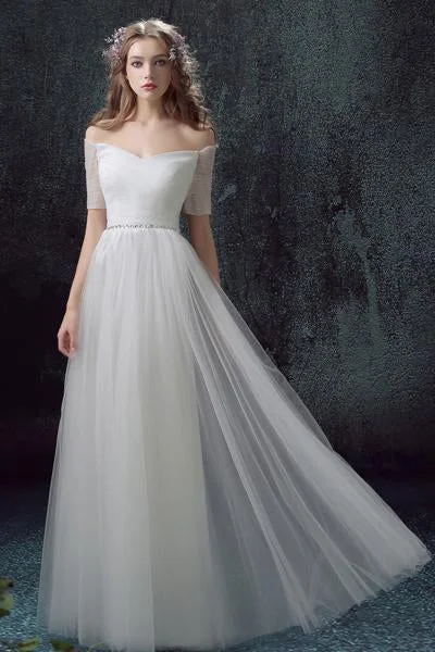 Simple Tulle Off Shoulder Floor-Length Short Sleeves A-line Lace Up Back Wedding Dress DM802