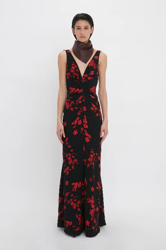 V-Neck Gathered Waist Gown In Sci-Fi Black Floral