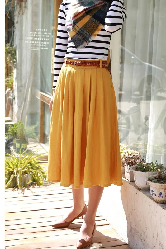 yellow linen pleated skirt 2170#