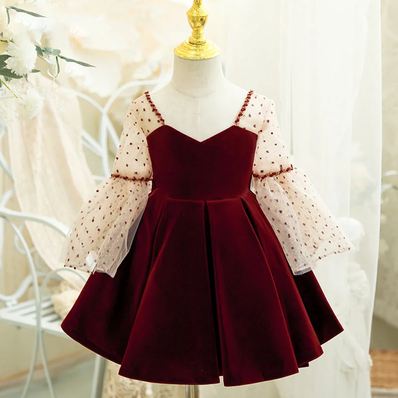 Toddler Ball Gowns Girl Wine Red Polka Dot Trumpet Sleeve Velvet Princess Dress