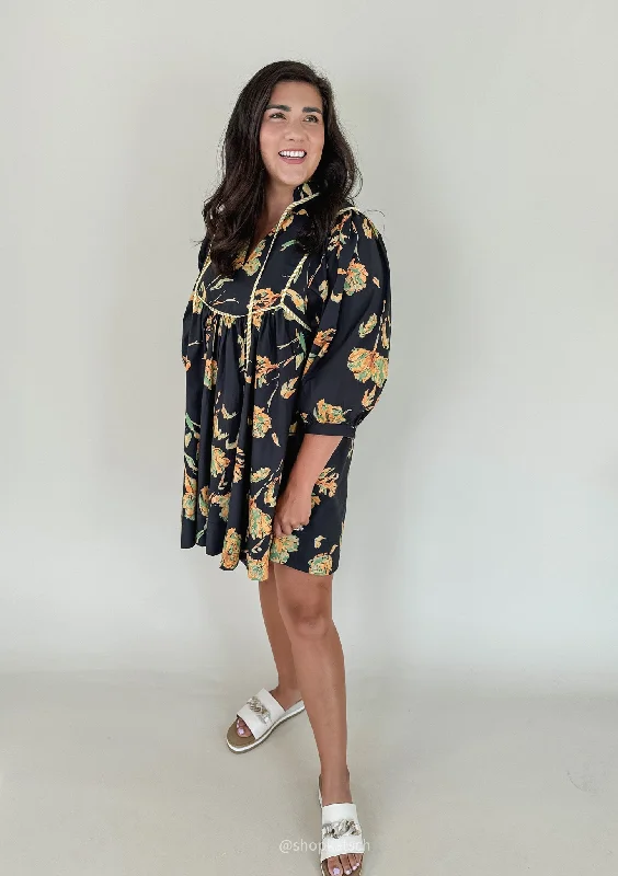 Cari Black and Gold Floral Print Dress