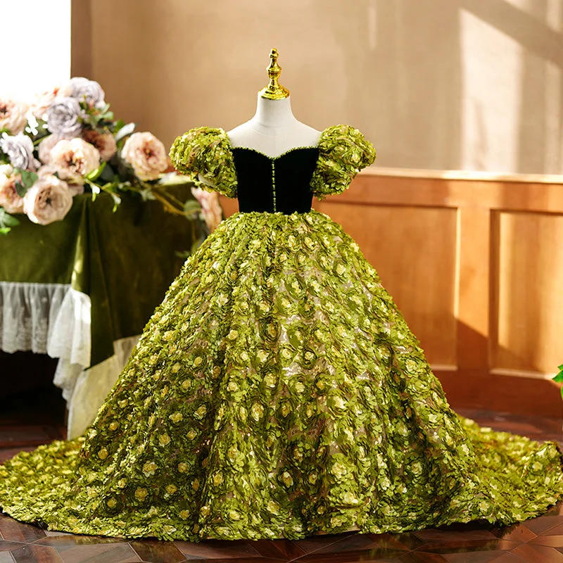 Flower Girl Dress Children Color Contrast Green Floral Puff Sleeve Trailing Princess Communion Dress